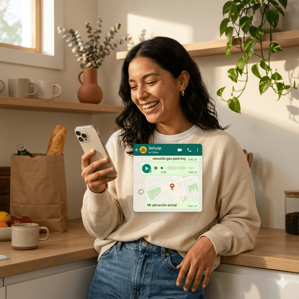 Joven cliente latinoamericana en su cocina pidiendo por WhatsApp con Deliyap