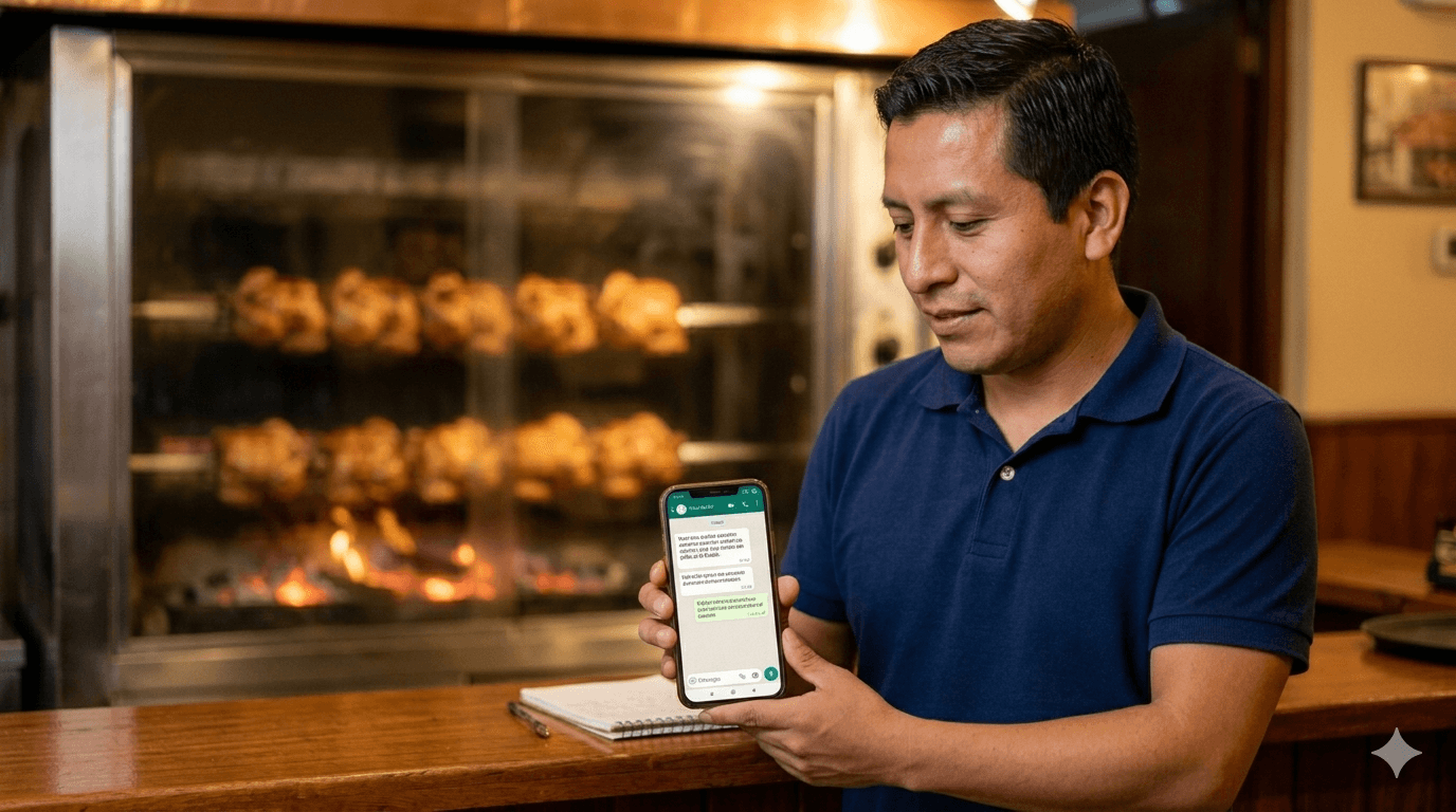 Vendedor peruano de pollería recibiendo pedido por WhatsApp